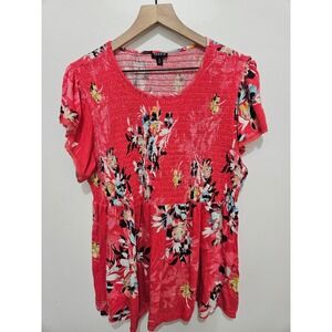Torrid Red Floral Smocked Babydoll Top Short Sleeve Lace Trim Plus Size 3 3X